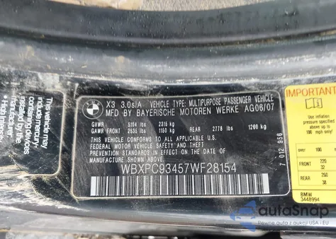 2007 BMW X3 3.0Si z USA, uszkodzony, nr VIN WBXPC93457WF28154